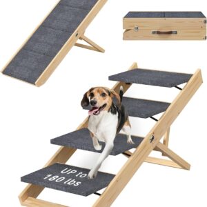 4 Tiers Wooden Dog Stair, Adjustable Wooden Dog Steps with Handle Foldable Dog Ramp for Bed Couch Car (Gray)