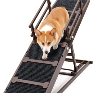 COSIEST Dog ramp for Bed, Wooden Pet Ramp Folding Portable for Couch and Bed, 64.5 Inch Long and Height Adjustable Dog ramp with Anti-Slip Grip & Safety Rails, Up to 200lbs, Brown