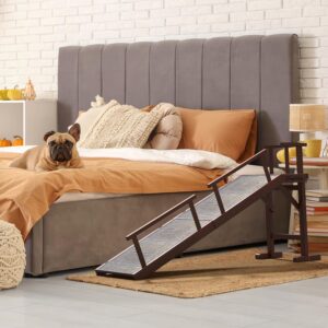 Alternative view of Onelike Wooden Dog Ramp for Bed with Removable Side Rail and Non-Slip Carpet, Stable Pet Ramp Stair for Couch Sofa for Small & Large & Senior Dogs, 74" Long Ramp Brown