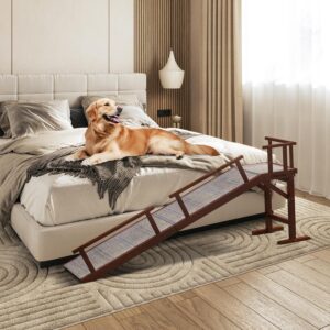 Onelike Wooden Dog Ramp for Bed with Removable Side Rail and Non-Slip Carpet, Stable Pet Ramp Stair for Couch Sofa for Small & Large & Senior Dogs, 74" Long Ramp Brown